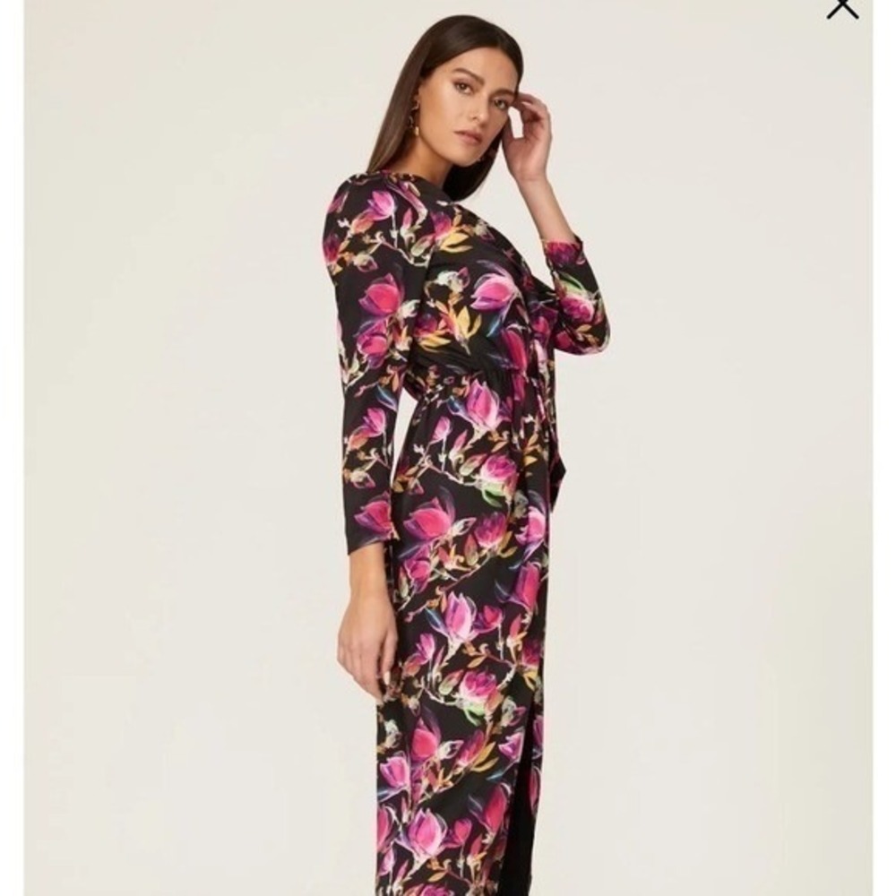 DELFI Collective Floral Ruched Maxi Dress Front Slit Small Wedding Guest